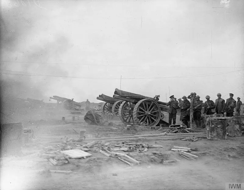 The Battle of Arras, April-may 1917 Battery of 60 pounders firing in the open at Feuchy Chapel (3 and 3/4 miles from Arras) which was the li