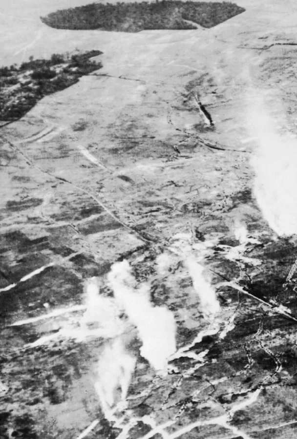 IWM Caption: Aerial photograph of a British gas attack in progress between Carnoy and Montauban, shortly before the Somme offensive .