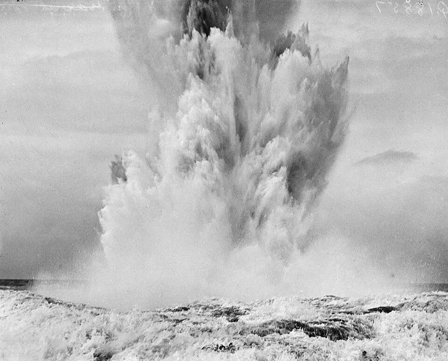 The Royal Navy on the Home Front, 1914-1918 A depth charge exploding after being dropped from a torpedo boat destroyer in Harwich, Essex on