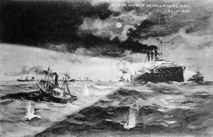 Postcard drawing of a Russian battleship firing on Hull trawlers by moonlight