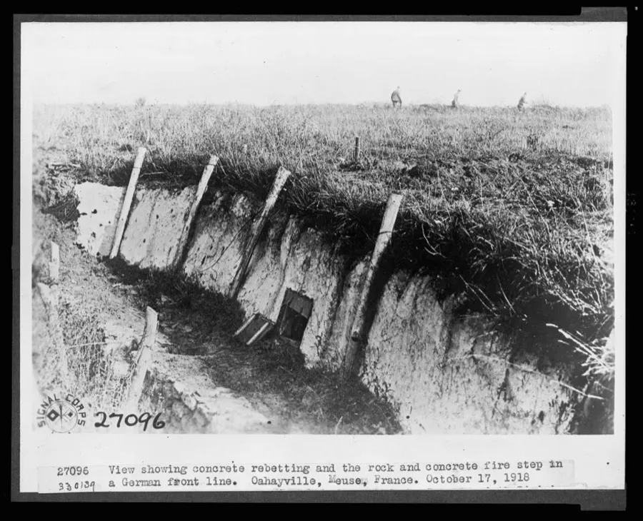View showing concrete reetting and the rock and concrete fire step in a German front Line.
