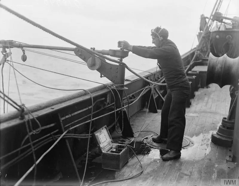 The Royal Navy during the First World War A sailor listening on a hydrophone on board a British armed trawler.