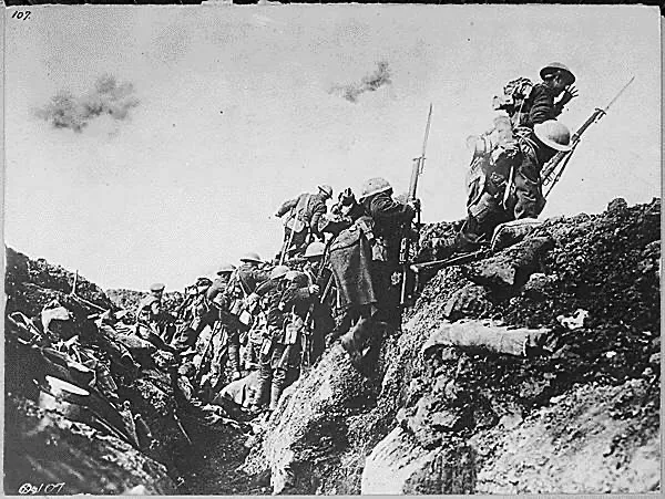 Canadian troops going "over the top" during training near St.