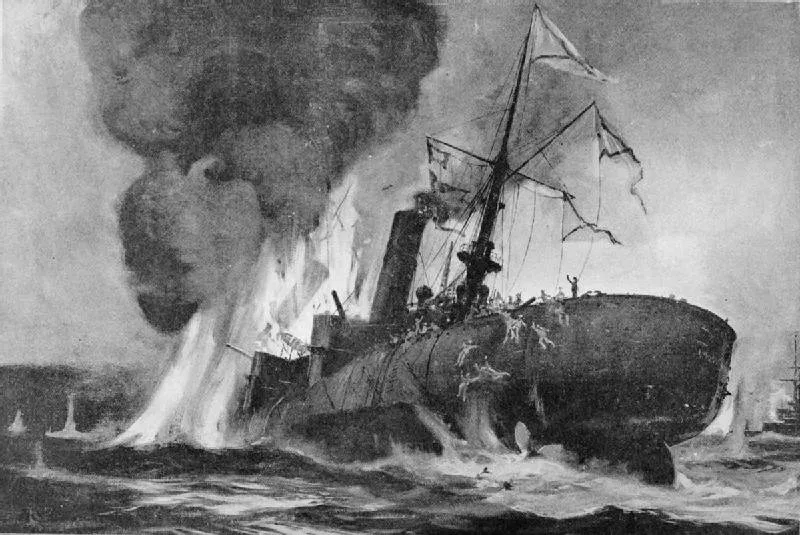 Painting of a battleship blowing up and heeling over, smoke and flame on her side, men in the water