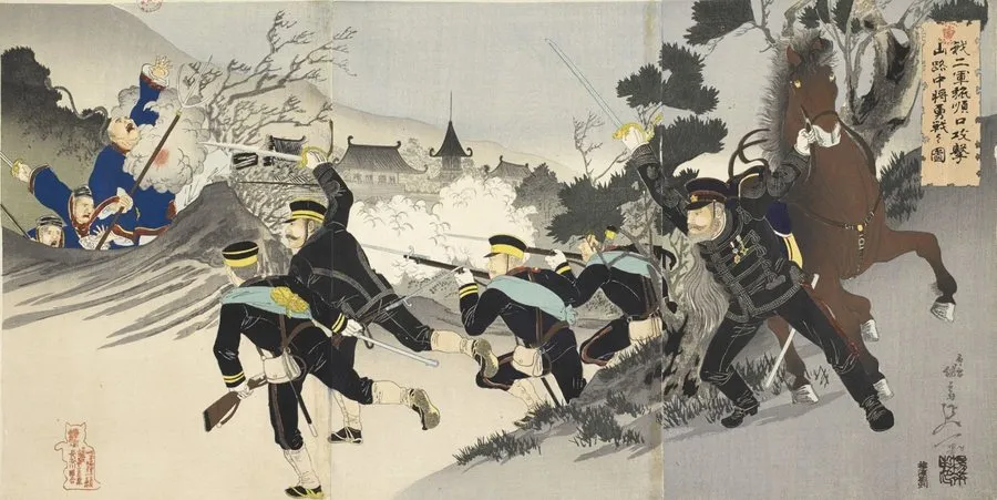 Colour woodblock print of Japanese infantry and a mounted officer storming a hillside fort through white smoke