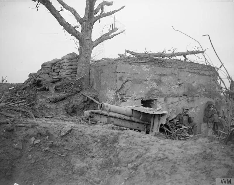 The Battle of Passchendaele, July-november 1917 A German concrete pillbox or blockhouse captured by the Coldstream Guards on the outskirts o