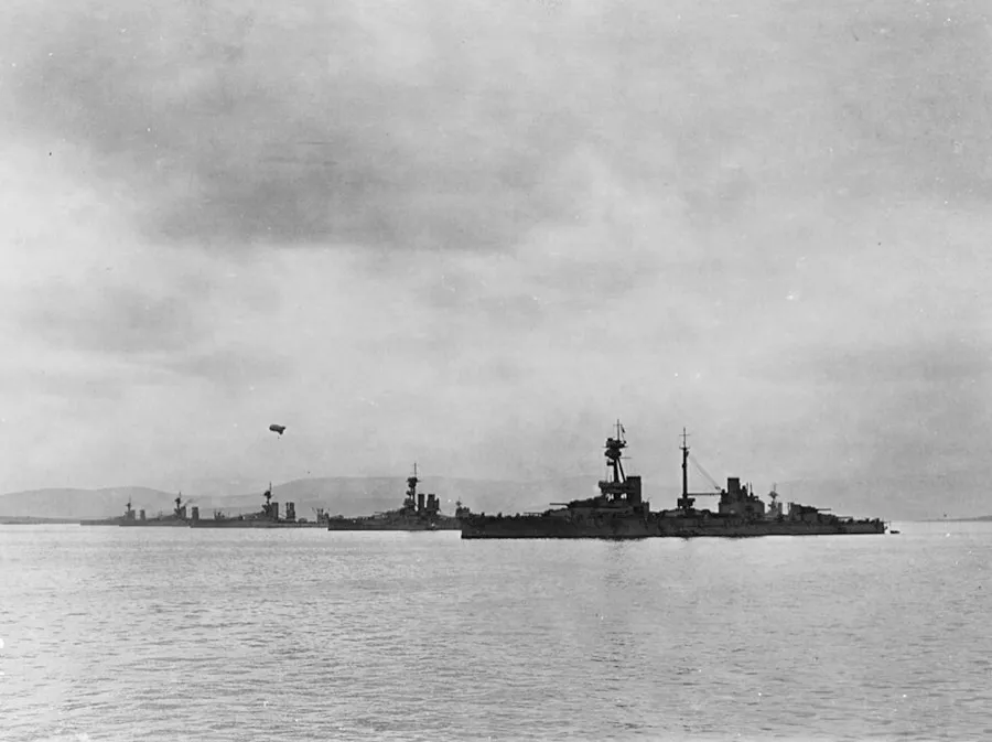 The Royal Navy battleship HMS Agincourt nearest to the camera with other Grand Fleet battleships in Scapa Flow, 1918.