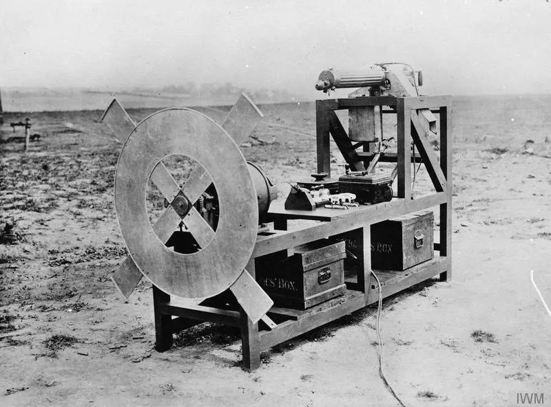 Aerial Warfare 1914-1918 Testing Vickers machine gun with synchronising gear as fitted to aeroplane.