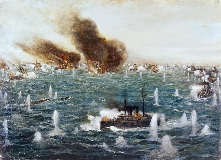 Painting of burning warships and shell splashes, a Japanese warship firing in the foreground