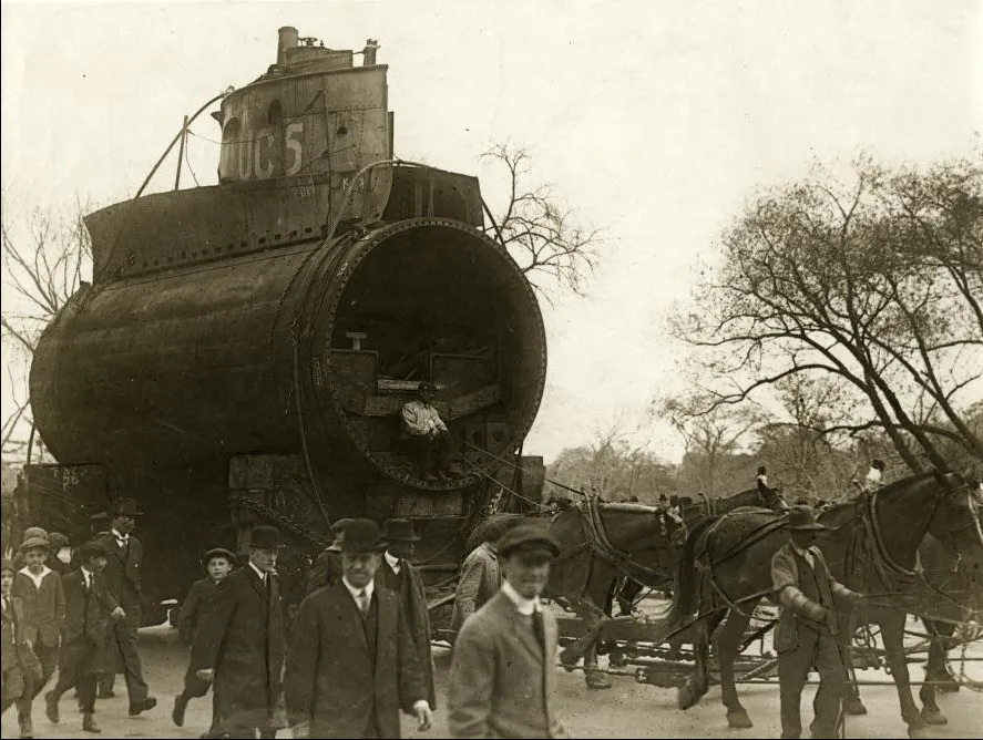 SM UC-5 German Type UC I minelayer submarine or U-boat being transported to Central Park NYC 1917