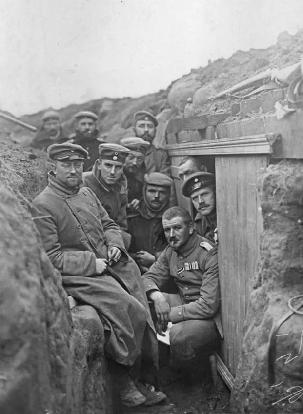 This is a photo of the German soldiers in a trench at Ypres, Belgium, 1914.